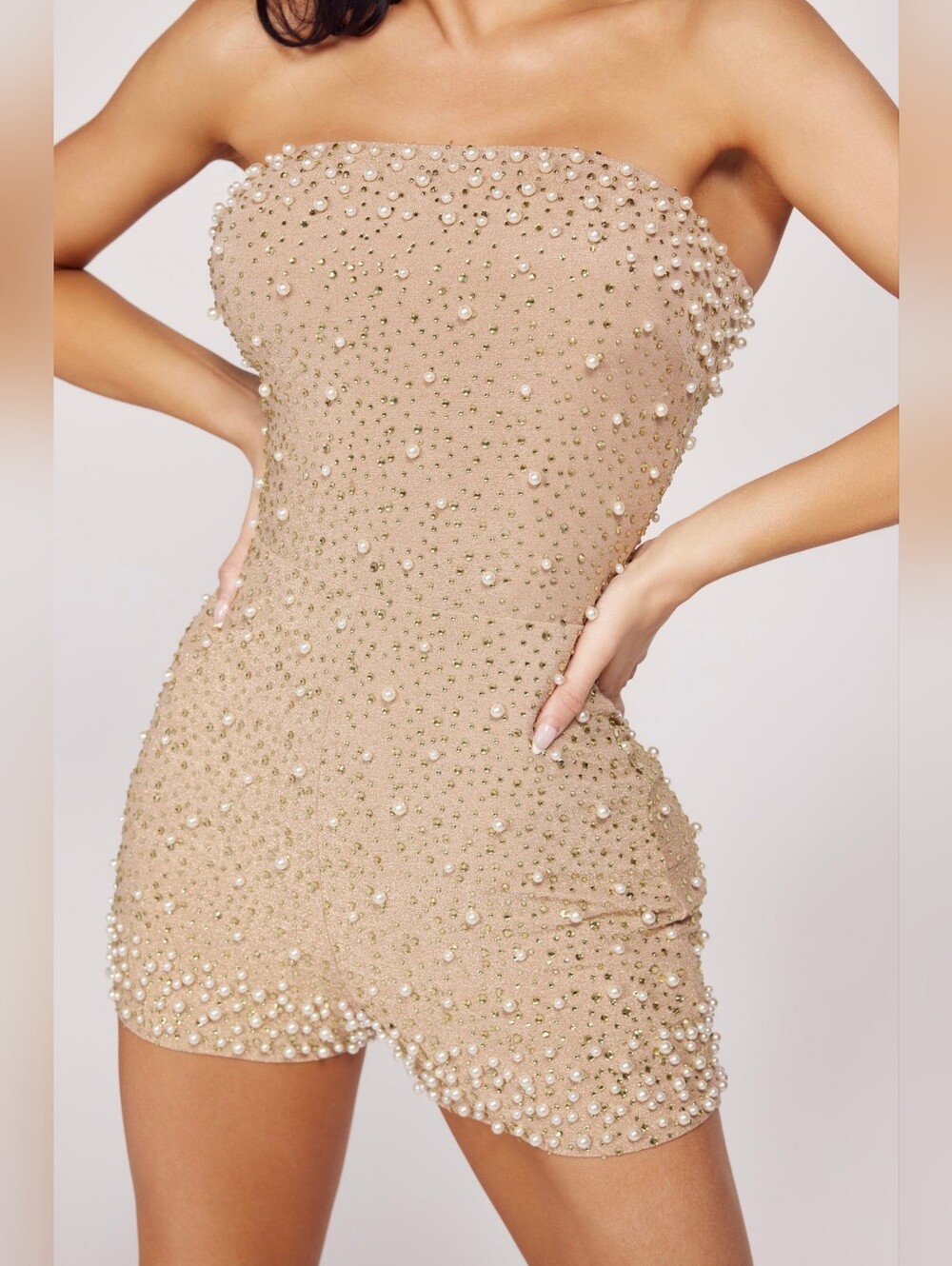 WFFS Womens Classic Nude Rhinestone Pearl Strapless Shorts Romper Size Medium